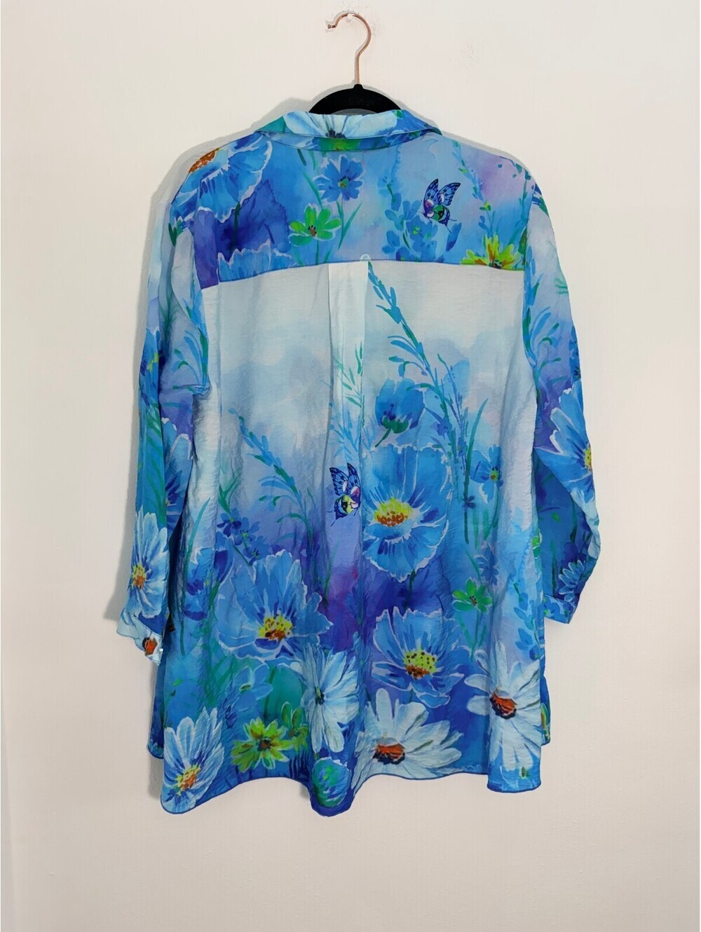 Ali Miles Blue Floral Button Front Blouse XL Lightweight Rayon Butterfly Print - Picture 2 of 7